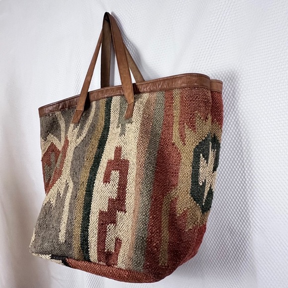 Boho Woven Jute Leather Oversized Bag Aztec Western (tru) - Picture 3 of 8